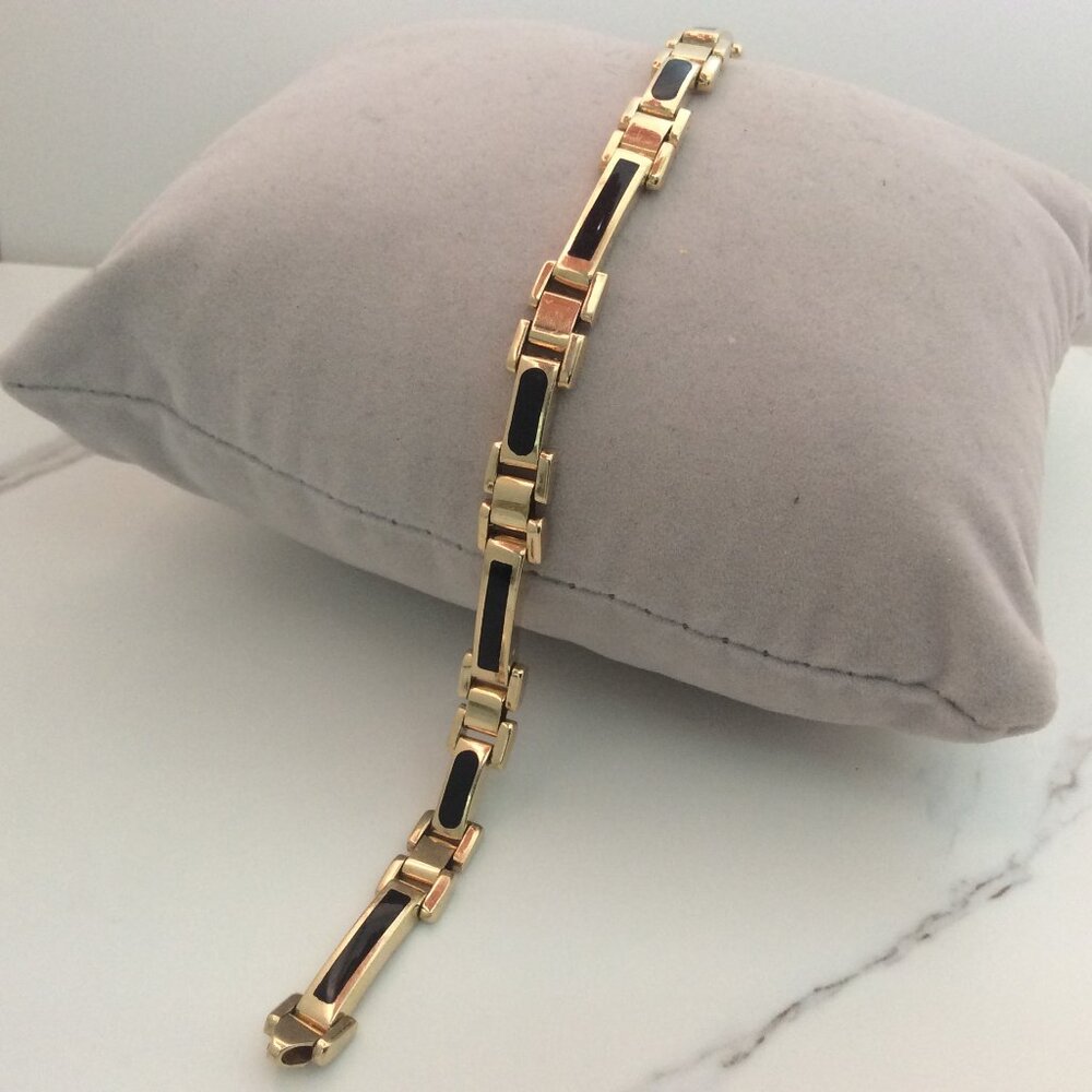 14k Yellow Real Solid Gold Bone Link Black Onyx Man Bracelet 8 1/4''  21.70gr